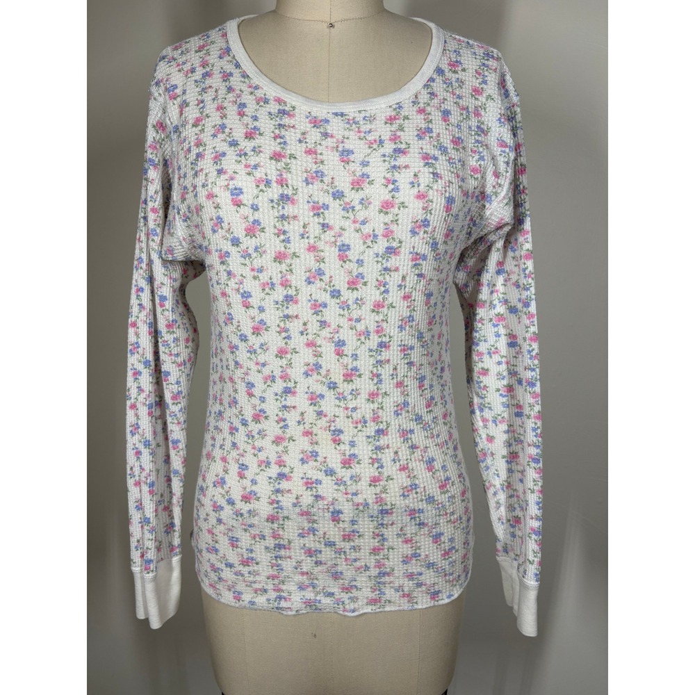 Vintage 90s Northwest Territory Thermal Shirt Large White Floral Waffle Knit